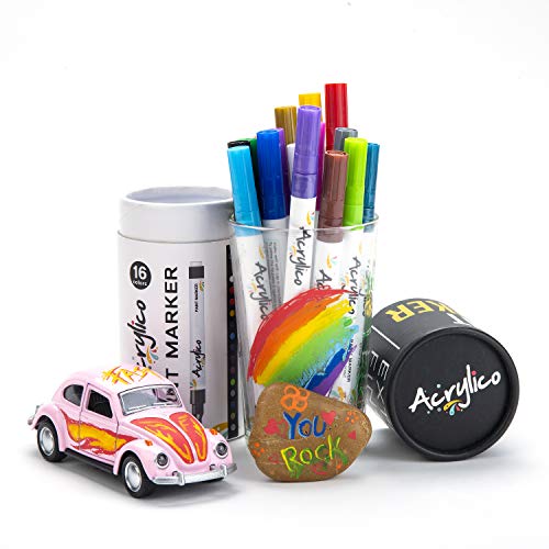 Acrylic Paint Pens for Rock Painting Set of 16 Paint Markers Extra Fine Tip for Wood, Canvas, Plastic, Ceramic, Glass, Drawing Craft Supplies for Acrylico