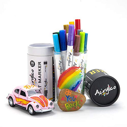 Acrylic Paint Pens for Rock Painting Set of 16 Paint Markers Extra Fine Tip for Wood, Canvas, Plastic, Ceramic, Glass, Drawing Craft Supplies for