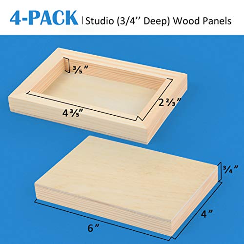 Falling in Art Unfinished Birch Wood Panels Kit for Painting, Wooden Canvas 4 Pack of 4x6’’ Studio 3/4’’ Deep, Cradle Boards for Pouring, Art,