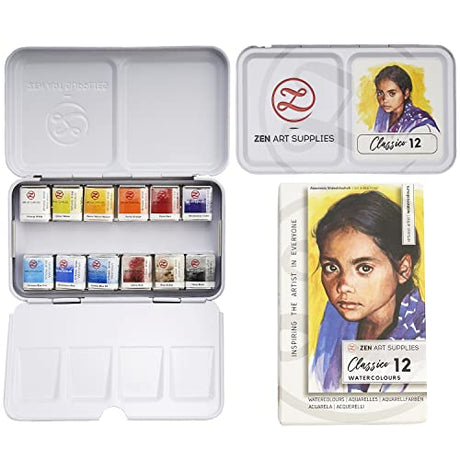 Professional Watercolor Paint Set Classico - Non-Toxic 12 Half-Pan Set in Metal Tin Palette - Portable Travel Watercolor Set for Adults - Vibrant ZenART Supplies