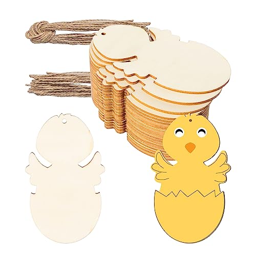 Egg Chicken Shape Wooden Easter Egg Cutouts Blank with Twines Wood Slices Ornaments for Christmas Birthday Party Happy Easter Spring Home Decor DIY Zontween