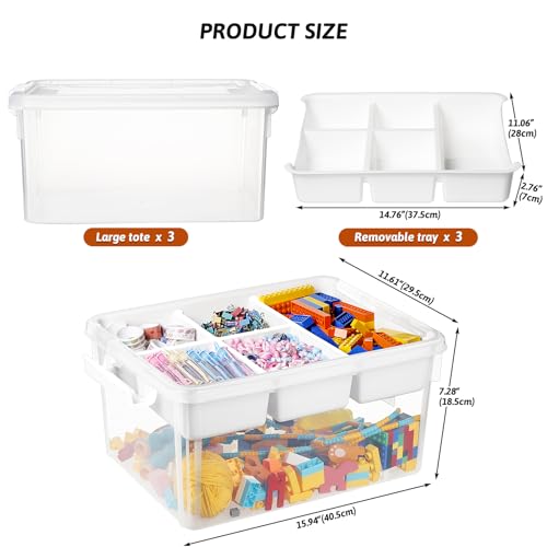 3 Pack Plastic Storage Box with Removable Tray, 17 QT Stackable Craft  Organizer with Lid, Clear Storage Container for Organizing Lego, Sewing, Art
