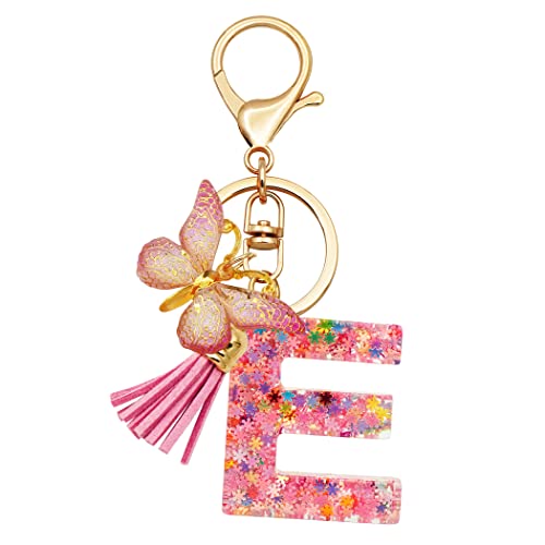 TTYY Initial Letter Keychain for Women Gift for Young Teenage Girl Gifts for Christmas to Mom Daughter Pink tassel (pink snow LetterE) - WoodArtSupply