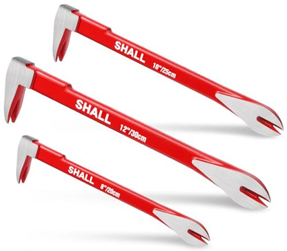 SHALL 3-Piece Nail Puller Tool Set, 12’’, 10’’, 8’’ - Heavy Duty & Mini Cats Paw Pry Bar, Utility Claw Bar, Wonder Bar, High Carbon Steel Crowbar - WoodArtSupply