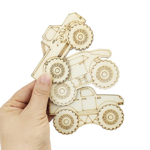 30 Pack Unfinished Wood Monster Truck Cutouts Crafts Truck Party Game Favors Vehicles to Paint Wooden Truck Hanging Ornaments DIY Gift Tags for Home