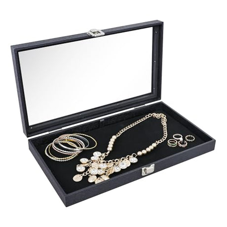 Ikee Design Leatherette Wooden Jewelry Display Case with Glass Top and Black Velvet Pad, Home Organization Storage Box, Wooden Jewelry Tray for Ikee Design