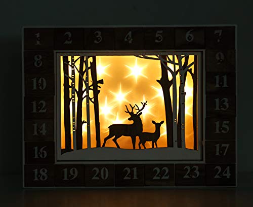 BRUBAKER Reusable Wooden Advent Calendar to Fill - White Winter Landscape with LED Lighting - DIY Christmas Calendar 13.98 x 2.36 x 10.63 inches BRUBAKER