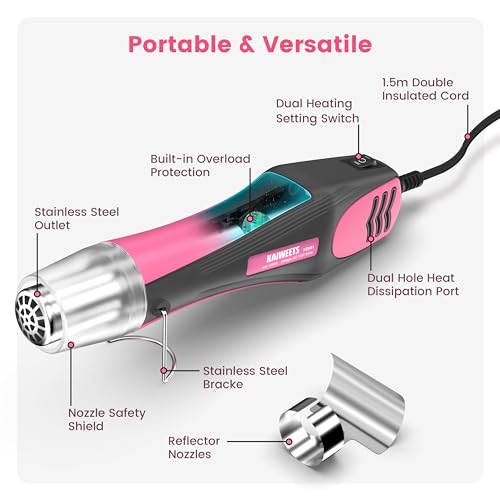Mini Heat Gun for Crafting with 450W, KAIWEETS Small Dual Temp Hot Air Gun at 482°F/842°F, Equipped with 4.9Ft Cable and Reflector Nozzle for Shrink Wrapping, Candle Making, Soldering and DIY (Pink)