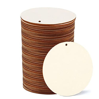 WLIANG 50 Pcs 3 inch Wooden Tags Unfinished Rounds Wooden Circles with Holes, Blank Wood Circles Ornaments Hanging Tags, Wood Round Disc Cutouts for