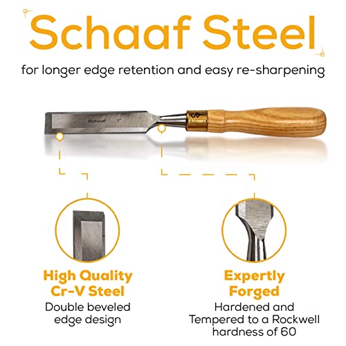 Schaaf Tools 4-Piece Wood Chisel Set | Finely Crafted Wood Chisels for Woodworking | Durable Cr-V Steel Bevel Edged Blade, Tempered to 60HRc | Tool Schaaf Wood Carving Tools