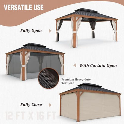 EAGLE PEAK 12x16 Hardtop Aluminum Gazebo, Outdoor Wood Grain Aluminum Frame Pavilion with Textilene Netting and Curtains, Galvanized Steel Double