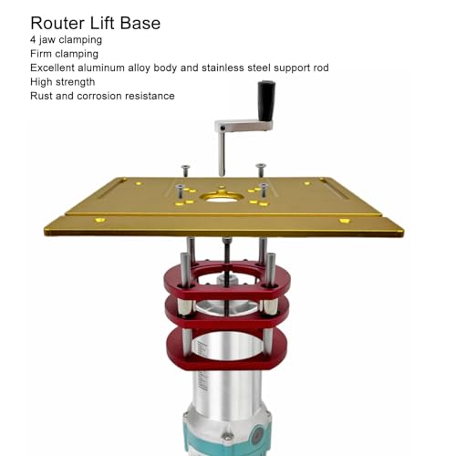 Router Lift, Aluminum Alloy Stainless Steel Diameter Motors Woodworking Router Table Insert Plate Lift Base with 4 Jaw and Crank Handle, Clamping Cryfokt