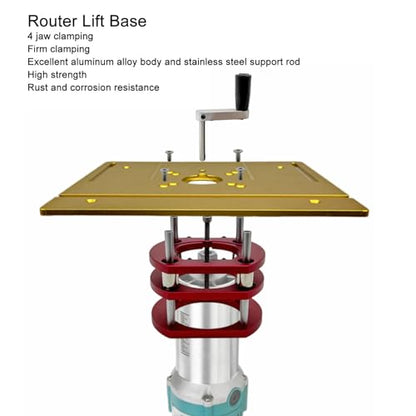 Router Lift, Aluminum Alloy Stainless Steel Diameter Motors Woodworking Router Table Insert Plate Lift Base with 4 Jaw and Crank Handle, Clamping