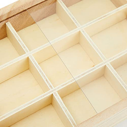 Small Unfinished Wood Box with Lid, 9 Compartment Storage Boxes (6.75 x 5.1 Inches, 2 Pack)