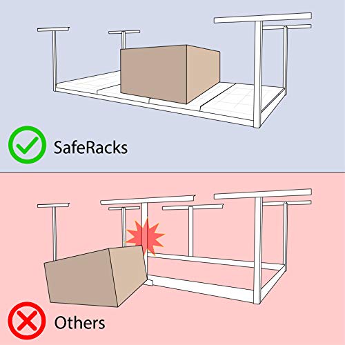 SafeRacks – 2x8 Overhead Garage Storage Rack - Height Adjustable Steel Overhead Storage Rack - 400 Pound Weight Capacity (White, 18"-33") - WoodArtSupply