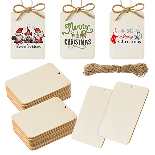 60 Pcs Wooden Tags 2.5 x 3.5 Inch Unfinished Wood Pieces Rectangle Square Wooden Cutouts with Holes Wood Ornaments with 32.8ft Rope for Holiday Gift