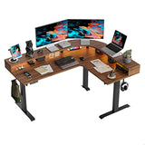 FEZIBO Triple Motor L Shaped Stadning Desk with LED Strip & Power Outrlets，63 inches Height Adjustable Stand up Corner Desk with Ergonomic Monitor FEZIBO