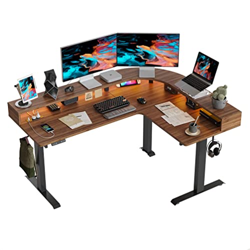 FEZIBO Triple Motor L Shaped Stadning Desk with LED Strip & Power Outrlets，63 inches Height Adjustable Stand up Corner Desk with Ergonomic Monitor - WoodArtSupply