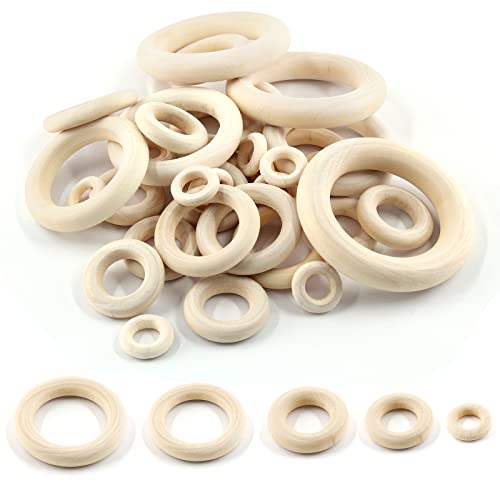 Suiwotin 50pcs 5 Sizes Natural Wood Rings, Unfinished Solid Wooden Hoops, Smooth Wooden Rings for Craft, Jewelry Making, DIY Pendant Connectors suiwotin