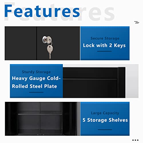 Metal Storage Cabinets with Locking Doors and Adjustable Shelves, Steel Storage Cabinet for Garage, Office, Classroom - Black