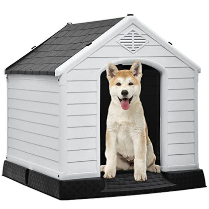 DWVO Large Outdoor Dog House, Plastic Doghouse with Air Vents and Ground Nails, Insulated Water Resistant Puppy Shelter for Small Medium Dogs - WoodArtSupply