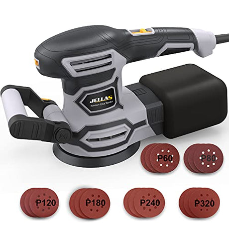 3.8A(450W) Orbital Sander, Jellas 6 Variable Speeds Double Handle Random Orbit Sander, 5-Inch Electric Sander with 18pcs Sandpapers, Dust Collector, Jellas