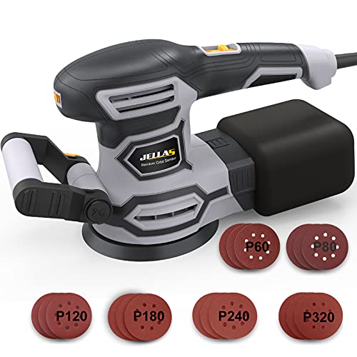 3.8A(450W) Orbital Sander, Jellas 6 Variable Speeds Double Handle Random Orbit Sander, 5-Inch Electric Sander with 18pcs Sandpapers, Dust Collector, - WoodArtSupply