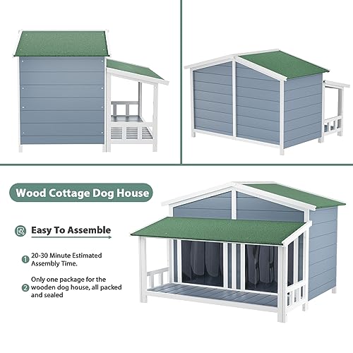 RITSU 47.2" Dog House, Waterproof Dog Kennel, Wooden Outdoor and Indoor Dog House, Log Cabin Style with Porch,Elevated Floor, 2 Doors, Pine Wood + - WoodArtSupply