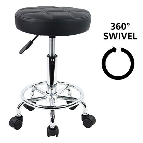 KKTONER Round Rolling Stool Chair PU Leather Height Adjustable Swivel Drafting Work SPA Shop Salon Stools with Wheels Office Chair Small (Black) - WoodArtSupply