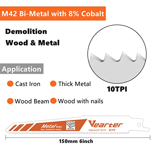 Vearter 2PCS 6Inch(150mm) Reciprocating Saw Blades, M42 Bi-Metal 8% Cobalt Sabre Sawzall Blade for Cutting Nail-Embedded Wood Cast Iron PVC Vearter
