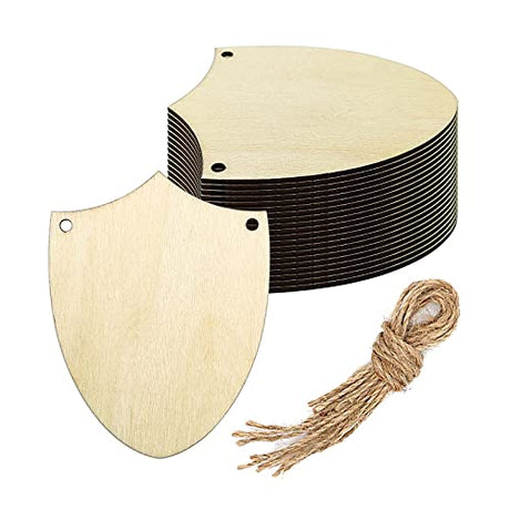 Shield Wood Cutout DIY Crafts Wooden Shield Shaped Hanging Ornaments Unfinished Wood Sign Whit Twines for Wedding Birthday Christmas Party Decoration Creaides