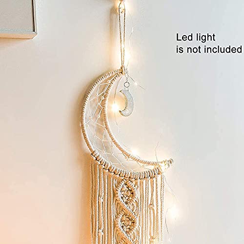 Boho Macrame Woven Wall Hanging, Crochet Crescent Moon Star Dream Catcher with Long Tassel- White Cotton Handmade Bohemian Home Decor Decoration Art - WoodArtSupply