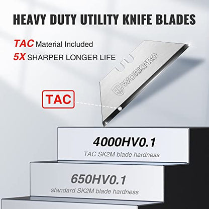 WORKPRO Premium Utility Knife Blades, TAC Diamond Coated SK2M, 50-Pack Utility Blades Replacement with Dispenser - WoodArtSupply