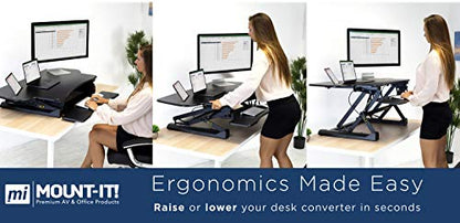Mount-It! Height Adjustable Standing Desk Converter | 48” Wide Tabletop Sit Stand Desk Riser with Gas Spring | Stand Up Computer Workstation Fits