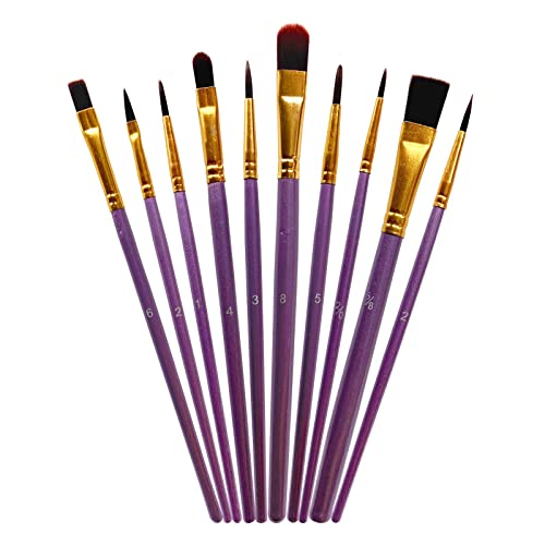 1 Pack 10 Pcs Paint Brushes, Nylon Hair Paint Brushes Set for Kids, Beginner, Suitable for Oil, Watercolor, Acrylic Paint and Body Pinting, Purple