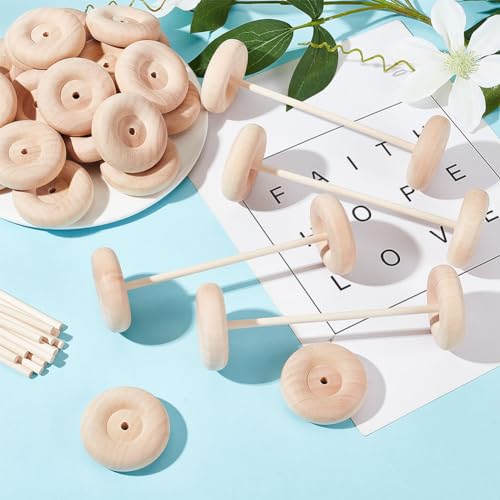 OLYCRAFT 30Pcs 1.9x0.6 Inch Wooden Craft Wheels with 15Pcs 5.9 Inch Wooden Sticks Unfinshed Wooden Wheel Large Wood Wheels Round Wooden Craft Wheels OLYCRAFT