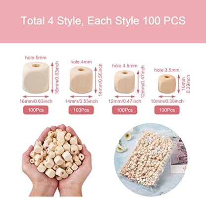Craftdady 400pcs Natural Unfinished Cube Wood Beads Large Hole Blank Unpainted Square Wooden Loose Beads 10-16mm for Necklace Bracelet DIY Jewelry