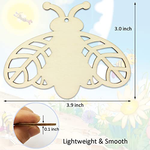 30pcs Bee Wood DIY Crafts Cutouts Blank Wooden Honeybee Shaped Hanging Ornaments with Hole Hemp Ropes Gift Tags for Kid's DIY Projects Spring Summer