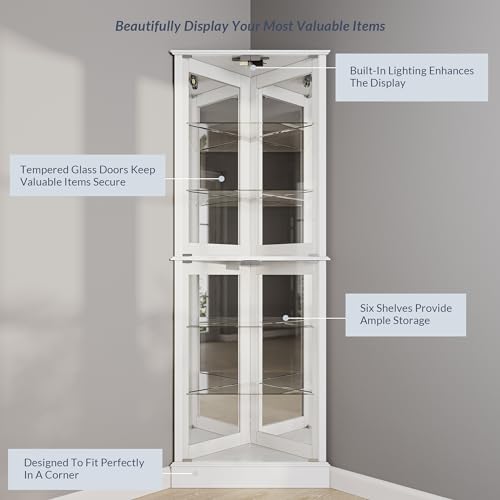 BELLEZE Lighted Accent Corner Display Curio Cabinet with Tempered Glass Doors and Shelves, Classic Wood Cabinet w/Bulb, Corner Curio Storage Rack for BELLEZE
