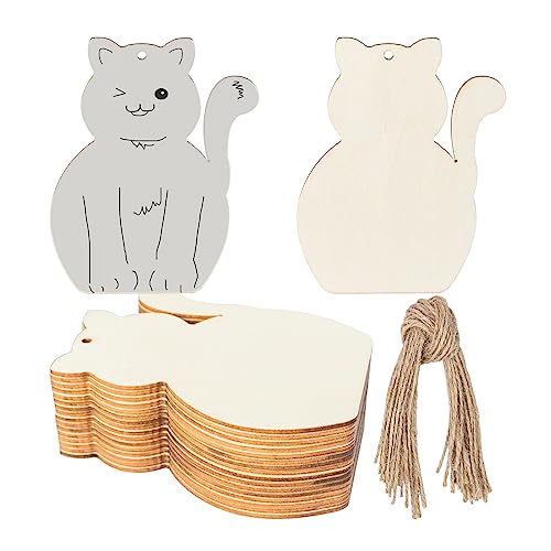 Cat Shape Wooden Blank Wood with Twines Art Unfinished Ornaments for Christmas Wedding Birthday Party Christmas Thanksgiving Day Decoration 20Pcs - WoodArtSupply