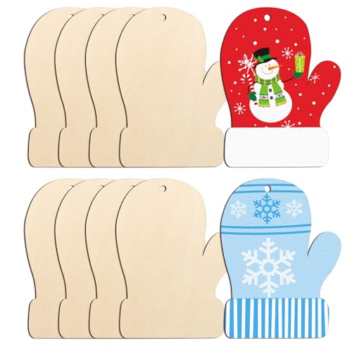 Large Size 7 inch Wooden Christmas Ornaments to Paint 10PCS, DIY Blank Gloves Cutouts Unfinished Wood Ornament for Crafts Hanging Christmas
