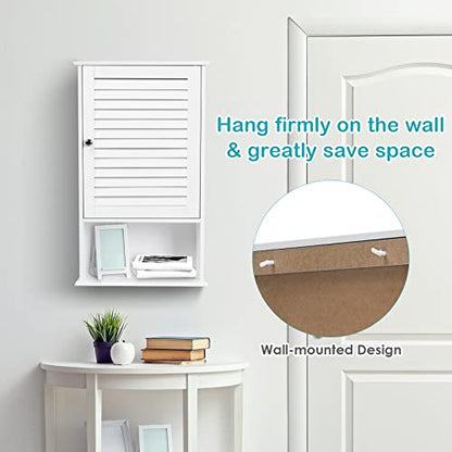 COSTWAY Bathroom Wall Cabinet, Large Capacity Storage Cabinet w/Single Louver Door & Height Adjustable Shelf, Wood Wall Mounted Medicine Cabinet for - WoodArtSupply