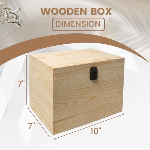 10x7x7-Inch Unfinished Wooden Box with Hinged Lid & Front Clasp for DIY Art Project Crafts Woodcraft Keepsake - Easy to Stain Paint Wood Burning VIKOS Products