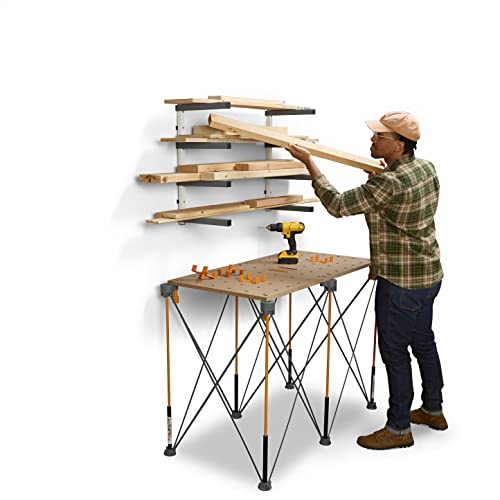 BORA Wood Organizer and Lumber Storage Metal Rack with 4-level Wall Mount - Indoor and Outdoor Use, White & Gray - PBR-0420 Bora