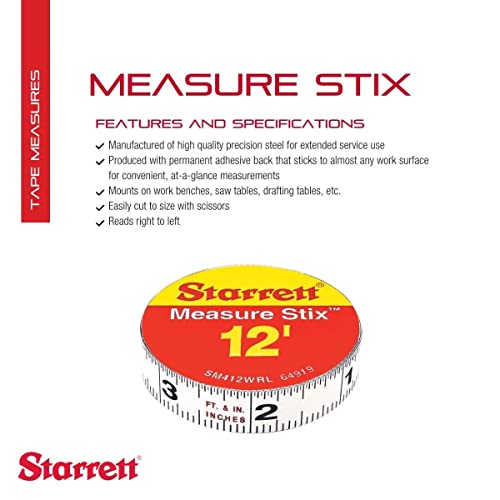 Starrett Tape Measure Stix with Adhesive Backing - Mount to Work Bench, Saw Table, Drafting Table - 1/2" x 12', English Metric, Right-Left Reading - Starrett