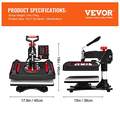 VEVOR Heat Press, 12 x 15 Inches Multifunctional Clamshell Printer 11 in 1, Digital Dual-Tube Heat Press Transfer Machine, Swing Away Sublimation