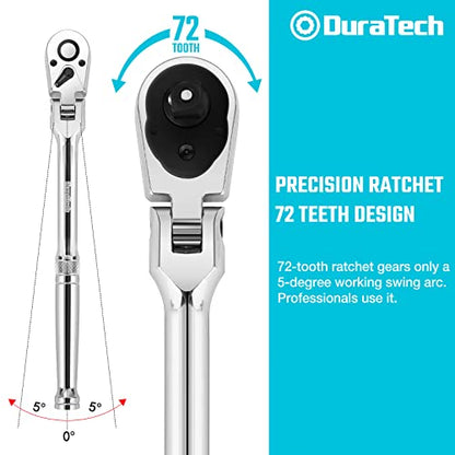 DURATECH 3/8" Drive Flex-Head Ratchet, 72-Tooth Ratchet Wrench, Quick-release, Reversible Switch, Full-Polished Chrome Plating, Alloy Steel