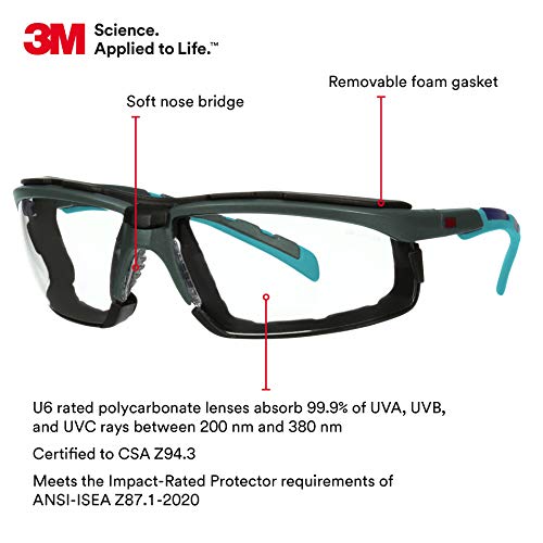 3M Safety Glasses, Solus 2000 Series, ANSI Z87, Scotchgard Anti-Fog Anti-Scratch, Clear Lens, Gray/Teal Frame, Removable Foam Gasket 3M