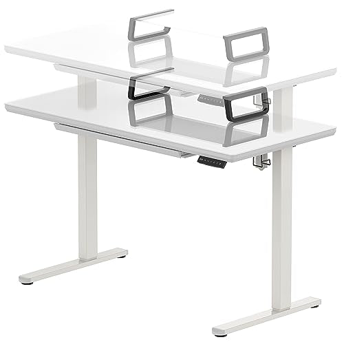 SHW 48-Inch Glass Electric Height Adjustable Desk with Monitor Riser and Drawer, White - WoodArtSupply