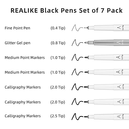 REALIKE Variety Pens for Cricut Maker 3/Maker/Explore 3/Air 2/Air,Black Pens Set of 7Pack Include Fine Point Pen,Glitter Gel, Marker, Calligraphy REALIKE